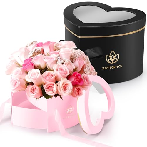 Outus 2 Pcs Heart Shaped Flower Boxes Graduation Gift Box Double Layers Rotating Floral Box with Lid for Gift Flower Arrangement Packaging Graduation Birthday, 9 x 8 x 6.5 Inch(Black, Pink)