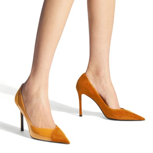 Coutgo Womens Pointed Toe High Heels Pumps Patent Suede Stiletto Heel Slip on Office Party Wedding Dress Shoes Coffee