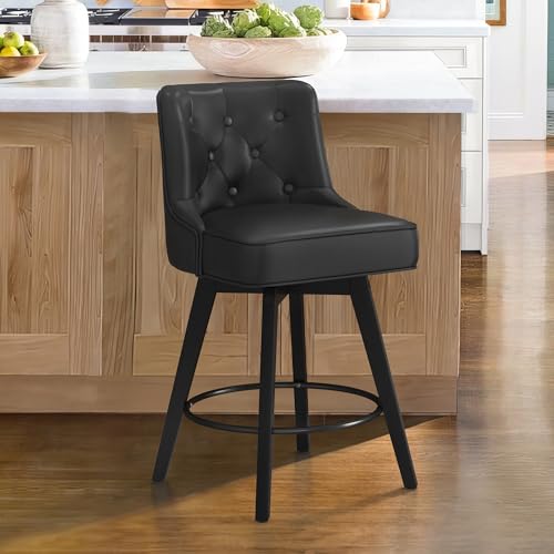 Cozyman 26" Swivel Counter Height Bar Stools, Modern Bar Stools with Back and Metal Round Footrest, Solid Wood Legs, Faux Leather Upholstered Barstools for Kitchen Island, Black