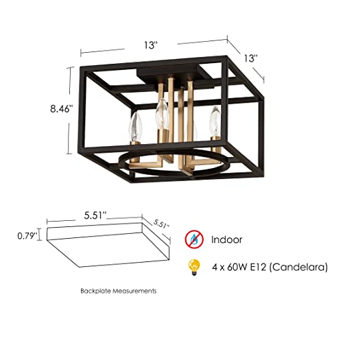 EGLO Mundazo 4-Light Semi Flush Modern Ceiling Light Fixture Dimmable LED Lighting Fixture for Hallway, Living Room, and Closet, 13 in, Black and Gold