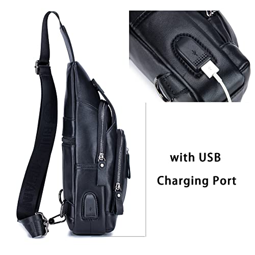 LUKZIJAES Genuine Leather Sling Bag for Men Crossbody Shoulder Chest Pouch Hiking Pack Outdoor Travel Casual Daypack Work Backpack (#6-Black)