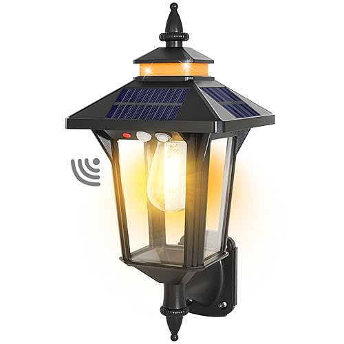 Solar Powered Wall Lantern Lights Outdoor with 3 Modes, Motion Sensor Solar Wall Light Waterproof, Dusk to Dawn LED Exterior Front Porch Lights Fixtures Wall Mount for Garage House Patio Doorway Yard