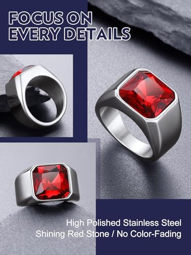 Bandmax Stainless Steel Wedding Band for Men Ruby Stone Rings Mens Signet Ring Statement Ring Red Cubic Zirconia Crystal Cocktail Ring Size 10 Gift for Dad Husband