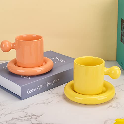 Koythin Ceramic Coffee Mug, Cute Mug Ball Handle with Saucer for Office and Home, Creative Cup with Comfortable Handle, 10 oz/300 ml for Latte Tea Milk (Candy Orange)