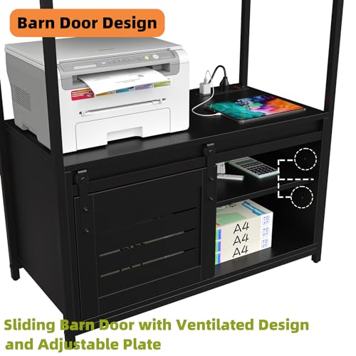 Furniouse 6-Tier Kitchen Bakers Rack with Power Outlet, Industrial Microwave Oven Stand with Shelves, Kitchen Utility Storage Shelf with Cabinet, Standing Kitchen Storage Rack (Black)