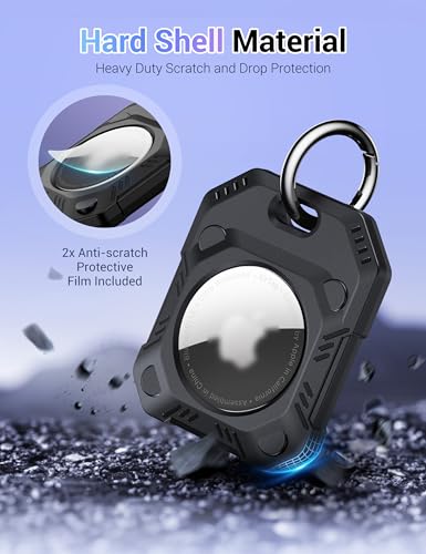 PROfezzion 1 Pack 2-in-1 Secure AirTag Holder Hard Shell Case with Key Rings, Key Tag, Metal Wire Cable, Allen Wrench and Spare Screws for Keychain, Dog Collar, Luggage Bag, Backpack & More - Black