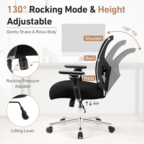 DUMOS Ergonomic Home Office Desk Chair 500lbs Mid Back with Lumbar Support & 4D Armrest, Height Adjustable Mesh Computer Gaming with Backrest & Swivel Wheels, Comfy for Heavy Duty, Black