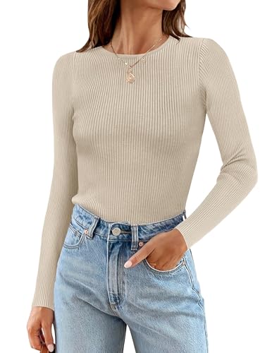 ZESICA Women's Long Sleeve Crewneck Shirts 2024 Fall Knit Sweater Slim Fitted Casual Basic Tee Tops,Rose,XSmall