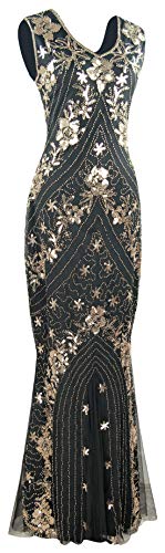 Women Evening Floral Dress 1920s Sequin Flapper Cocktail Mermaid Formal Gown with 20s Gatsby Accessories Set