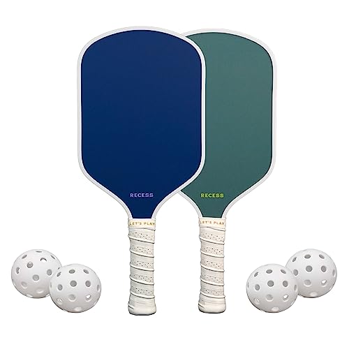 Recess Pickleball Starter Set, Premium Pickleball Paddles Set of 2 & Four (4) Pickle Balls - Strong & Durable Fiberglass, Lightweight, Honeycomb Core & Comfort Grip Handles - Perfect for Beginners