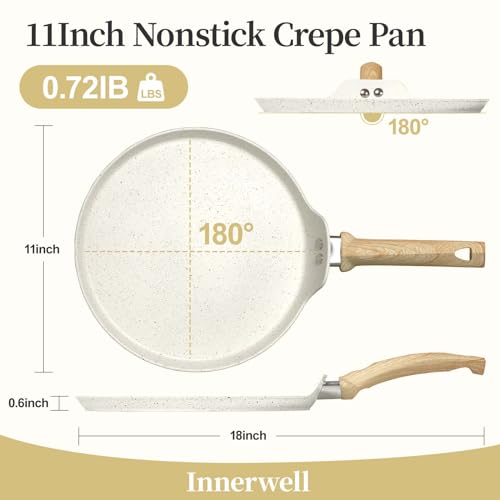 Innerwell Nonstick Crepe Pan, Granite Coating Flat Skillet Dosa Tawa Tortilla Pan, 10 inch White Pancake Griddle Roti Pan With Stay-Cool Handle, Induction Compatible, PFOA Free