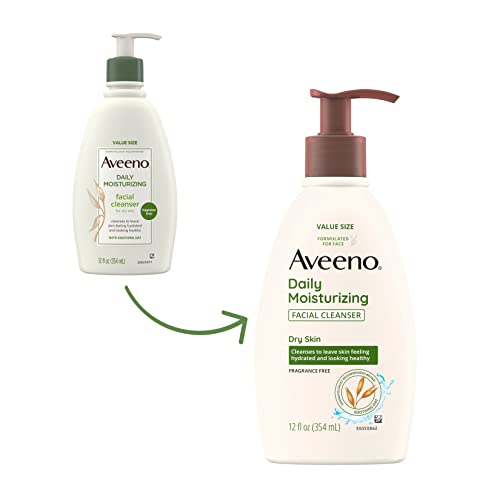 Aveeno Daily Moisturizing Facial Cleanser for Dry Skin, Gentle Face Cleanser with Soothing Oat for Skin that Feels Soft & Supple, Removes Dirt, Oil and Impurities, Fragrance Free, 12 FL OZ