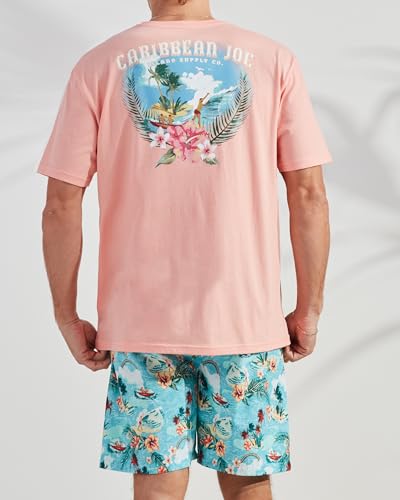 CARIBBEAN JOE Men's Sleep Set, Palm Island Shorts and Coral Crew Neck T-Shirt Pajamas, Lightweight Novelty PJs