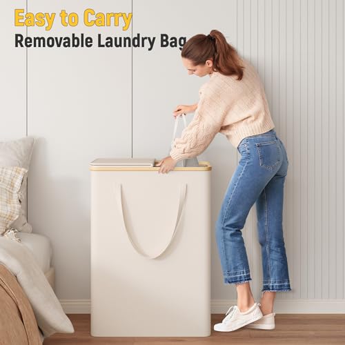 Raybee Laundry Hamper with Lid,160L Laundry Basket with Lid, Clothes Hamper for Laundry Hamper 2 Section, Laundry Hamper with 2 Removable Washing Bags,Freestanding Dirty Clothes Hamper,Beige