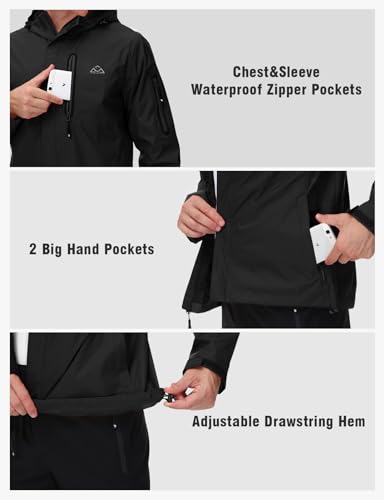 TBMPOY Men's Waterproof Rain Jackets Ligjtweight Hooded Raincoar Running Cycling Hiking Outdoor Windbreaker Black S