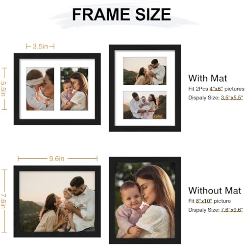 Vittanly 8x10 Collage Picture Frame, Displays 2Pcs 4x6 Pictures with Mat or 1Pcs 8x10 without Mat, Photo Frame for Wall Mounting or Table Top with Stand, Black, 1 Pack