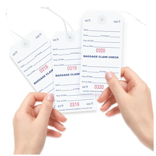 1000 Baggage Claim Check Tags with Red Numbering from 0001 to 1000. Elastic Strings Attached to Each tag with Reinforced Eyelet Around Hole Prevents Tearing. Size: 5 1/4" (Height) x 2 5/8" (Width)