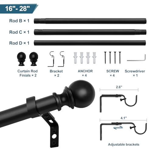 TEAKMAMA 1 Inch Black Small Curtain Rods for Windows 18 to 28 Inches(1.5-2.3ft), Heavy Duty Window Curtain Rods, Adjustable Decorative Curtain Rod with Ball Finials, 16''-28''