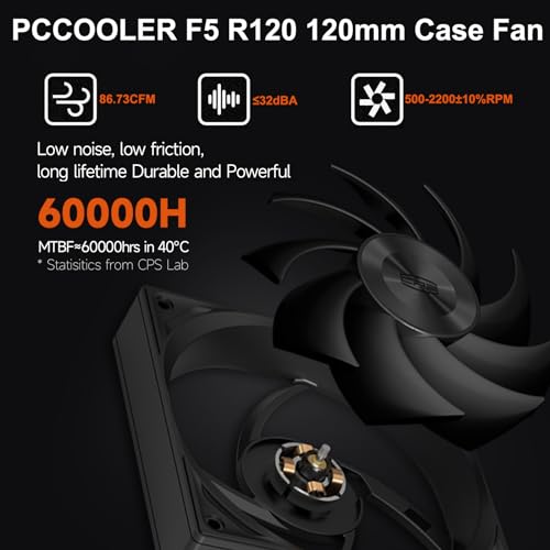 PCCOOLER 120mm Case Fan, F5 R120 PWM 4-Pin FDB PC Fan 2200RPM Daisy Chain Case Fan, 86CFM Cooling Fans 3.2mmH2O 30dB(A) 3 Mode Computer Case Fan for CPU Liquid Cooler, Air Cooler, Black - Single Pack