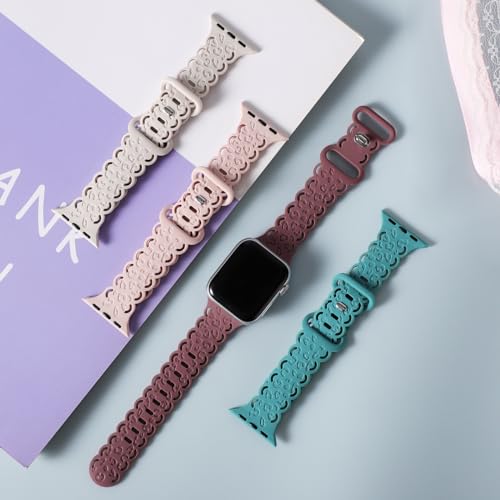 Keebowz Lace Leopard Engraved Compatible with Apple Watch Band 38mm 40mm 41mm 42mm 44mm 45mm 49mm Women, Soft Silicone Strap Hollow-out Wristbands for iWatch Bands Series 9/8/7/6/5/4/3/2/1/SE/Ultra