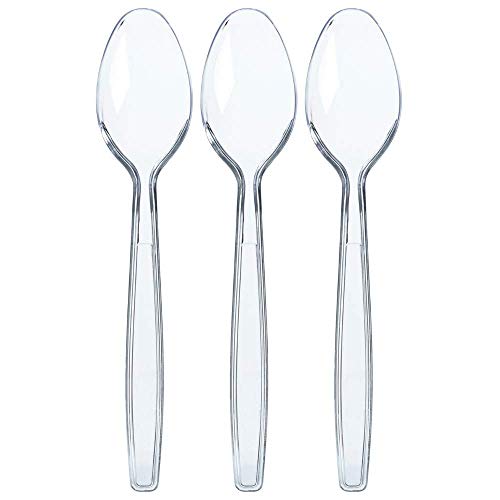 Prestee 100 Clear Plastic Spoons Heavy Duty - Silverware Spoons Plastic Disposable, Plastic Spoon Cutlery, Elegant Disposable Spoons Pack, Plastic Spoons Bulk Disposable Flatware, Plastic Utensils Set