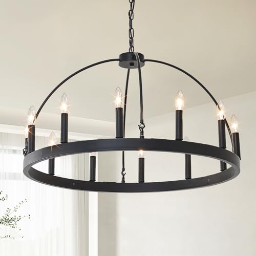 HHR Black and Gold Wagon Wheel Chandelier 12-Light 32 Inch, Extra Large Round Rustic Candle Pendant Light Fixture for High Ceilings, Dining Room Living Room Farmhouse Foyer Entryway