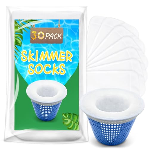 ROMIVO 30 Pack Pool Skimmer Socks, Pool Filter Socks for Skimmer Baskets, Ultra Fine Mesh Screen Liner Scum Sock Saver for Inground Pool or Above Ground Pool, Debris Leaves Catcher