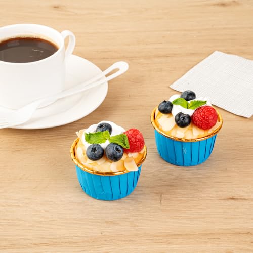 Restaurantware Panificio 3.5 Ounce Baking Cups 50 Greaseproof Foil Cups - Lids Sold Separately Oven-Ready Blue Foil Paper Muffin Liners Microwavable Disposable