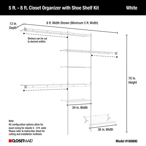 ClosetMaid 1608 Closet Organizer Kit with Shoe Shelf, 5-Foot to 8-Foot, White