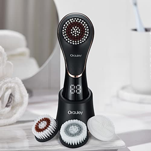 Facial Cleansing Brush, Electric Face Scrubber Rechargeable Exfoliator IPX-7 Waterproof Rotating Cleanser for Exfoliating, Massaging and Deep Cleansing for Women & Men with 4 Brush Heads Black