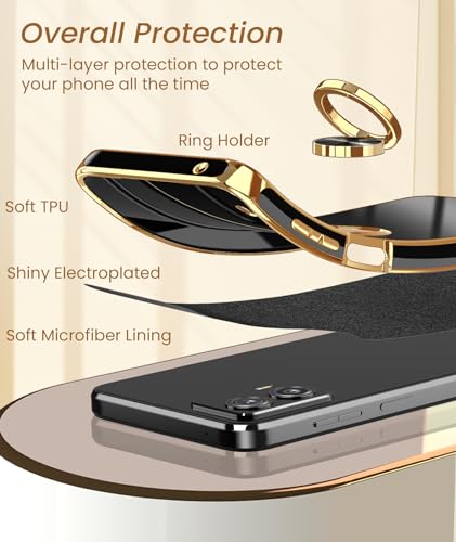 Dretal for Moto G 5G 2023 Case, 2X Screen Protector, 360° Rotatable Ring Holder Magnetic Kickstand,Plated Gold Edge Slim Soft TPU Protective Cover for Motorola G 5G 2023 (Black, ZH)