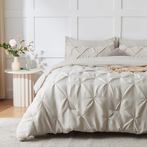 HIMEET Bedding Sets Full 7 Pieces Bed Set Pintuck Bed in a Bag Full Size Comforter Sets Pinch Pleat Beige