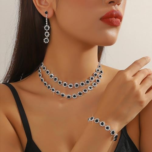 HUASAI Wedding Jewelry Sets for Brides Silver Prom Jewelry Rhinestone Necklace Earrings Bracelet Set for Party Wedding Graduation Bridesmaid Prom Dresses 2024 Accessories