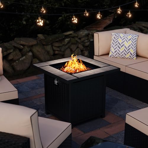 Meilocar Fire Table 28in Propane Fire Pit with Rain Cover and Volcanic Stone, Outdoor Firepit Table 50000 BTU 3-in-1 Patio Firepit Table for Garden/Yard/Balcony, Gray Tabletop