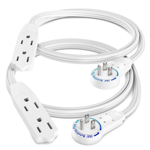 Maximm Cable 1 Ft 360° Rotating Flat Plug Extension Cord/Wire, 16 AWG Multi 3 Outlet Extension Wire, 3 Prong Grounded Wire - White - 2 Pack - UL Certified