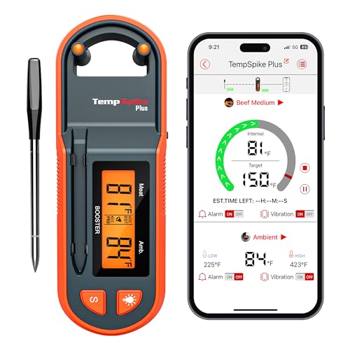 Thermopro TempSpike Plus 600FT Wireless Meat Thermometer with Upgraded Thinner Probe, Meat Thermometer Wireless with Standalone LCD Screen, Bluetooth Thermometer for BBQ Oven Grill Smoker Thermometer