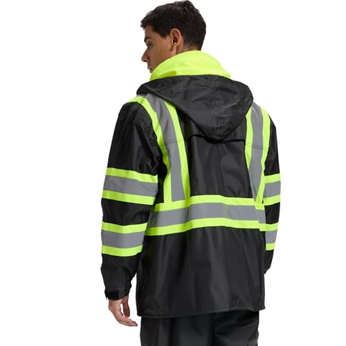 Hi Vis Rain Jacket for Men,Waterproof Class 3 Safety Rain Suit with Removable Hood & Black Bottom,High Visibility Rain Gear with Interior Mesh Lining
