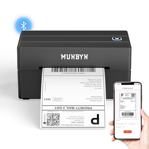 MUNBYN Bluetooth Thermal Label Printer, 130B Wireless 4x6 Shipping Label Printer for Shipping Packages Small Business Office or Home, Compatible with iPhone Android iPad Windows macOS Chrome Etsy eBay