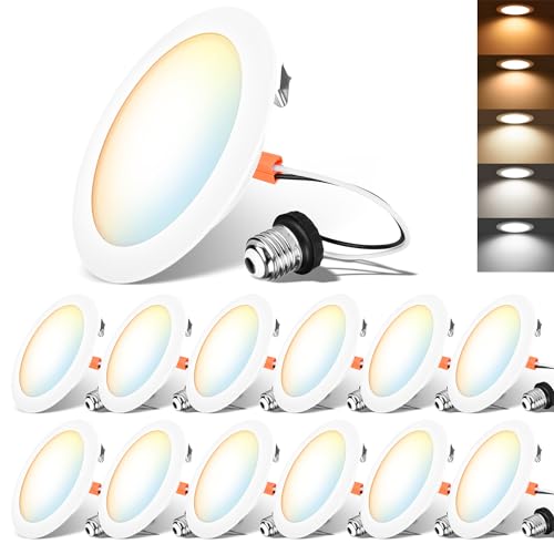 LVWIT LED Recessed Light 4inch, Can Lighting Color Selectable 2700/3000/4000/5000/6000K 5CCT, 7W(85W Equivalent) Dimmable Downlight with E26 Conversion Kit, Retro Fit Ceiling Light Fixtures, 6 Pack