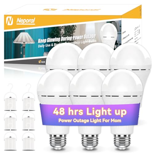 Neporal LITE Emergency Rechargeable Light Bulbs A19, Light Up to 48 hrs, Battery Operated Light Bulb, 5000K E26 LED Bulb, Emergency Lights for Home Power Failure (Daylight-2PK, 12, Watts)