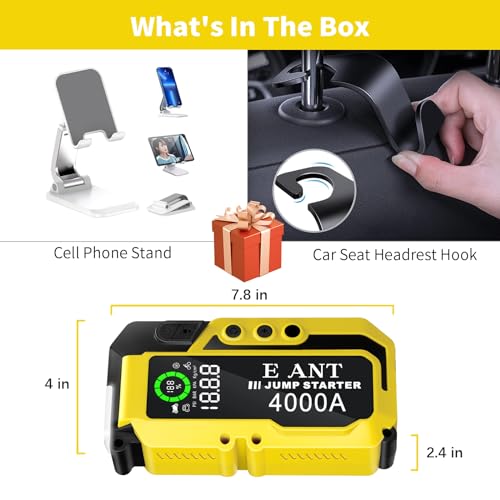 E-Ant Car Jump Starter with Air Compressor(10L Gas/8L Diesel), 4000A Peak 12v Auto Battery Jump Pack, Power Bank USB QC3.0 Outputs Portable Battery Booster Pack Jumper Box Tire inflator 150PSI, Yellow