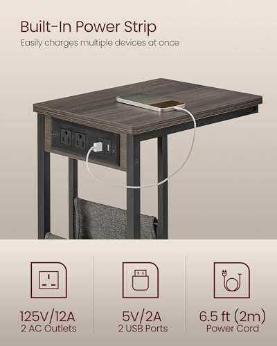 VASAGLE C-Shaped Side Table, End Table with Charging Station, 2 USB Ports and Outlets, C Table for Couch, Sofa, with Storage Bag, Adjustable Feet, for Bedroom, Living Room, Ash Brown ULET356K01