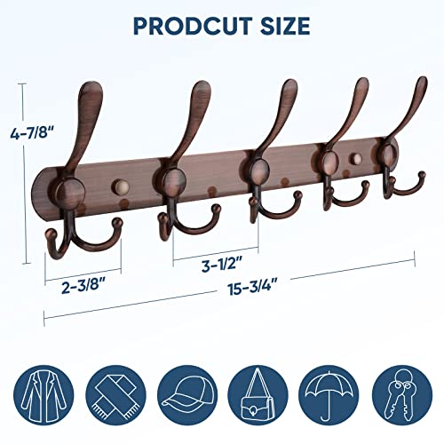 TICONN Wall Mounted Coat Rack, Five Heavy Duty Tri Hooks All Metal Construction for Jacket Coat Hat in Mudroom Entryway (Antique Bronze, 1-Pack)