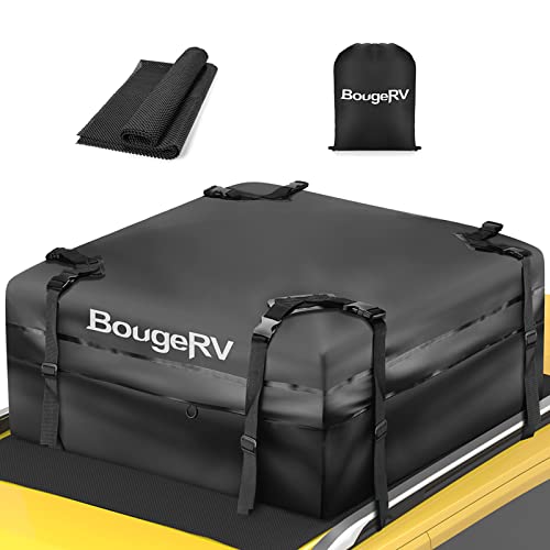 BougeRV Rooftop Cargo Carrier Bag with Anti-Slip Mat 15 Cubic Feet Waterproof Car Roof Bag Roof Top Cargo Luggage Storage Bag 1000D PVC, with 8 Reinforced Straps, Storage Bag for Cars with Racks