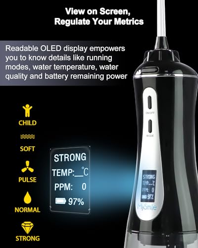 MySmile Powerful Cordless 350ML Water Dental Flosser Portable OLED Display Oral Irrigator with 5 Pressure Modes 8 Replaceable Jet Tips and Storage Bag for Home Travel Use (Black)