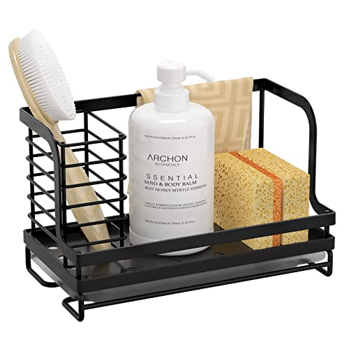 ODesign Sink Caddy,Kitchen sink Organizer Caddy Holder with Drain Pan Sponge Scrubber Brush Kitchen Caddy for Countertop Sponge Holder for Kitchen Sink,SUS304 Stainless Steel Rustproof - Black