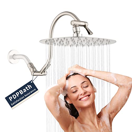 PDPBath 10" Rain Shower Head with 12" Adjustable Height & Distance Extension Arm, 304 Stainless Steel High Pressure Rainfall Showerhead, All Metal Round Showerhead with Extender - Brushed Nickel