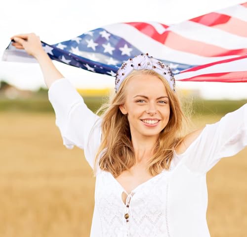 ZOLEAROPY 4 th of July Knotted Headband Celebration American Flag Fireworks Knot Hairband Pearl Rhinestone Jeweled Wide Patriotic Head Band USA Independence Day Headband
