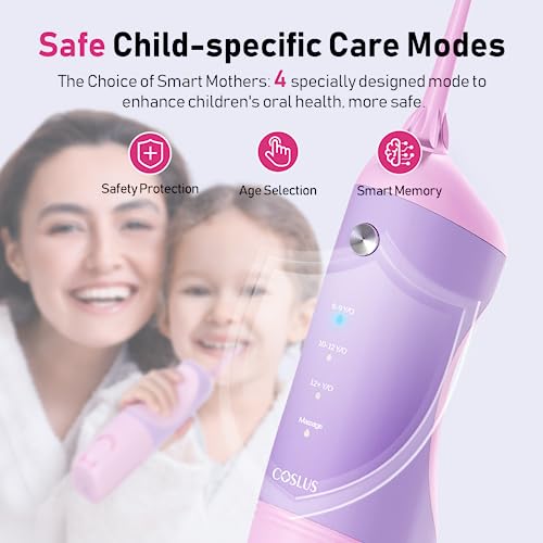 COSLUS Kids Water Dental Flosser Deep Cleaning Picks, Portable, 4 Modes for Ages 6+ Safe Waterproof Flosser Rechargeable with 4 Jet Tips for Gums Care F5023 Pink Purple