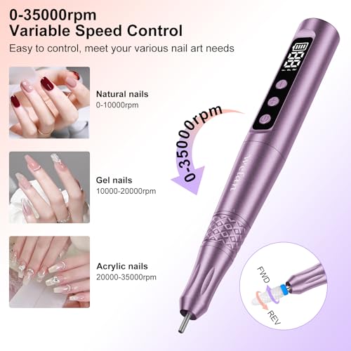 Welan Electric Nail Drill Professional, Cordless Nail Drill, 35000RPM Professional Nail Drill, Portable Efile Nail Drill Machine for Acrylic and Gel Nail with Manicure and Polishing Tool Set (Grey)